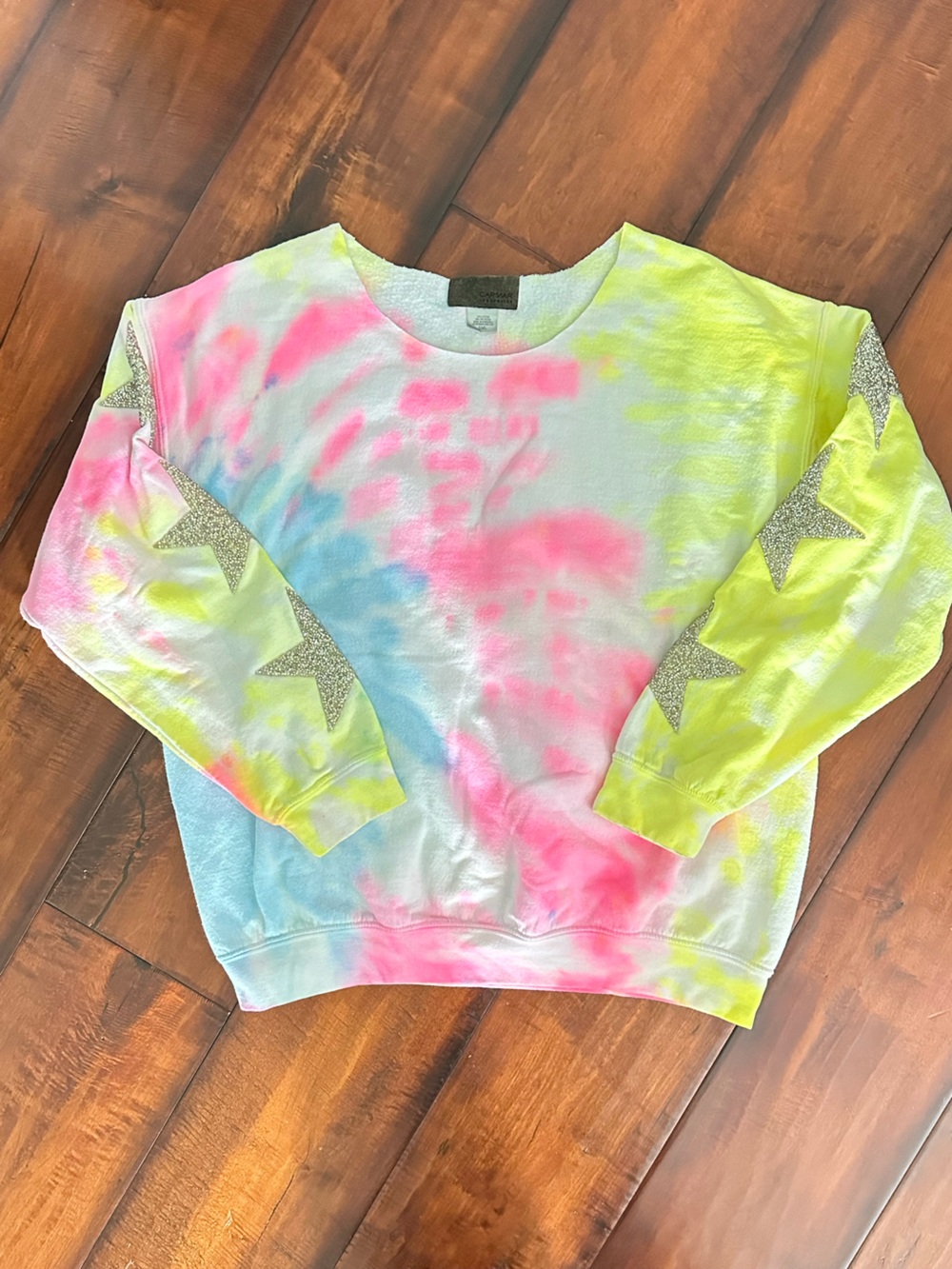 Carmar Womenโs Neon Tie-Dye Sweatshirt with Silver Star Sleeves